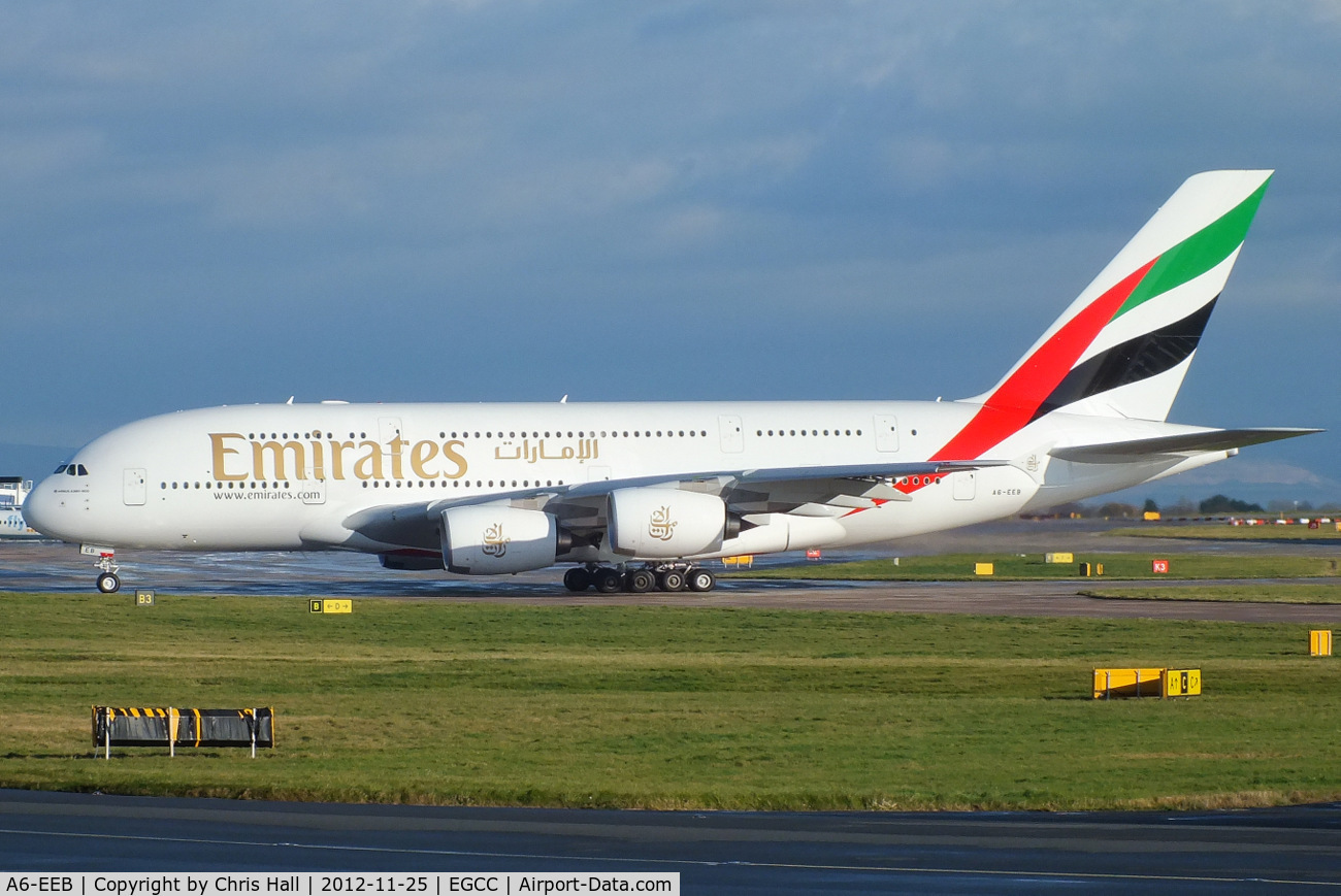 A6-EEB, 2012 Airbus A380-861 C/N 109, making its first visit to Manchester (EGCC)