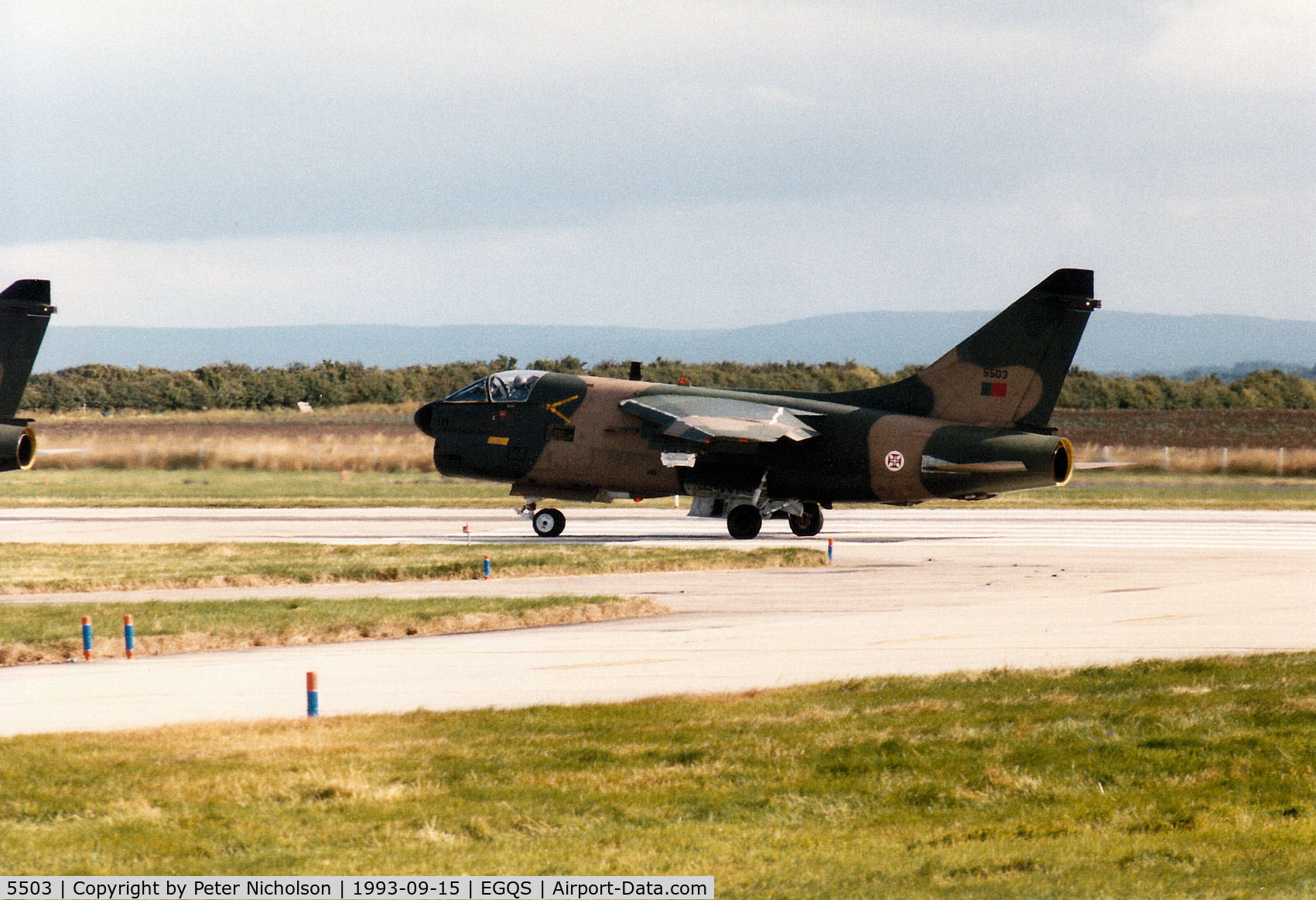 5503, LTV A-7P Corsair II C/N A-182/P-003, Portuguese Air Force A-7P Corsair II of 304 Esquadron preparing for take-off on Runway 05 at RAF Lossiemouth in the Summer of 1993.