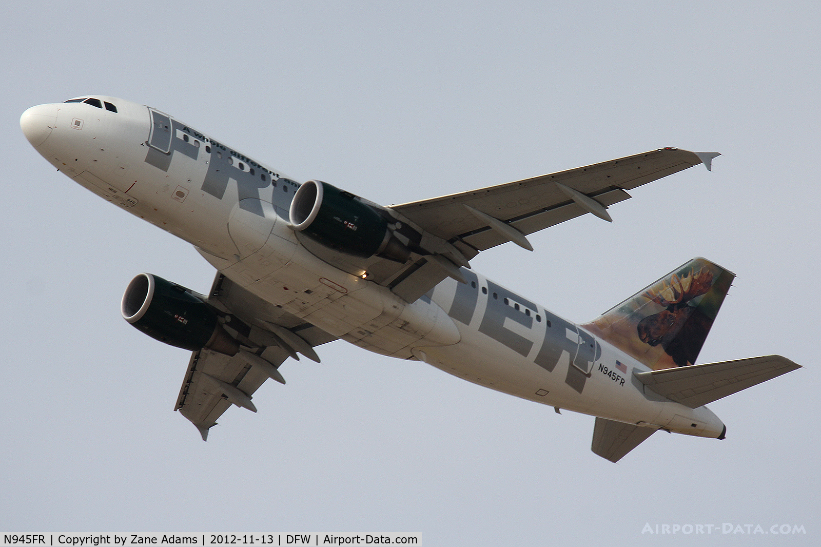N945FR, 2006 Airbus A319-111 C/N 2751, Frontier Airlines departing DFW Airport