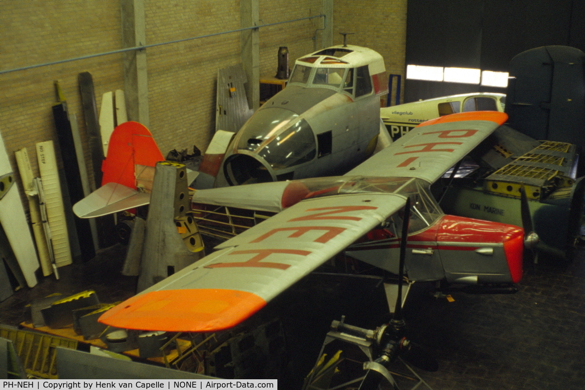 PH-NEH, Auster J-5B Autocar C/N 2932, Auster PH-NEH was not airworthy between 1972 and 1991. Here it is seen in 1981 or 1982 in the study hall of the Aircraft Engineering department of the Technical School HTS in Haarlem, the Netherlands.