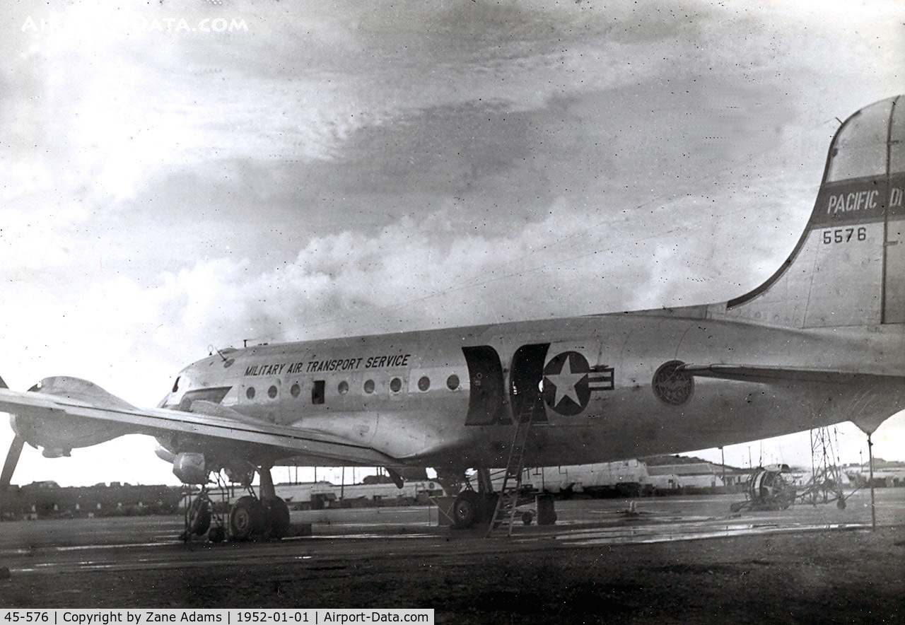 45-576, 1945 Douglas C-54G Skymaster C/N 36029, Photgraphed on Okinawa 1952 - 45-5576 (c/n 36029) to US Coast Guard.  Later to civil registry as N13060, CF-KAE, then 9Q-COF Scrapped in Africa