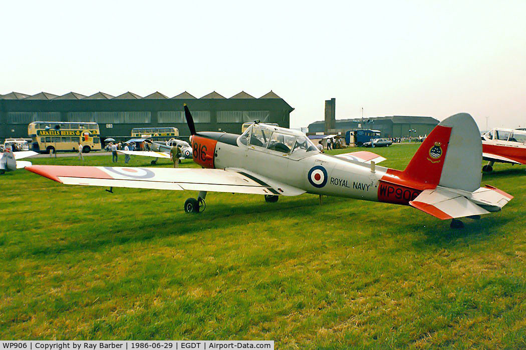 WP906, De Havilland DHC-1 Chipmunk T.10 C/N C1/0779-DHB.f678, DHC-1 Chipmunk T.10 [C1/0779] Wroughton~G 29/06/1986. Seen here in Royal Navy markings and coded 816.