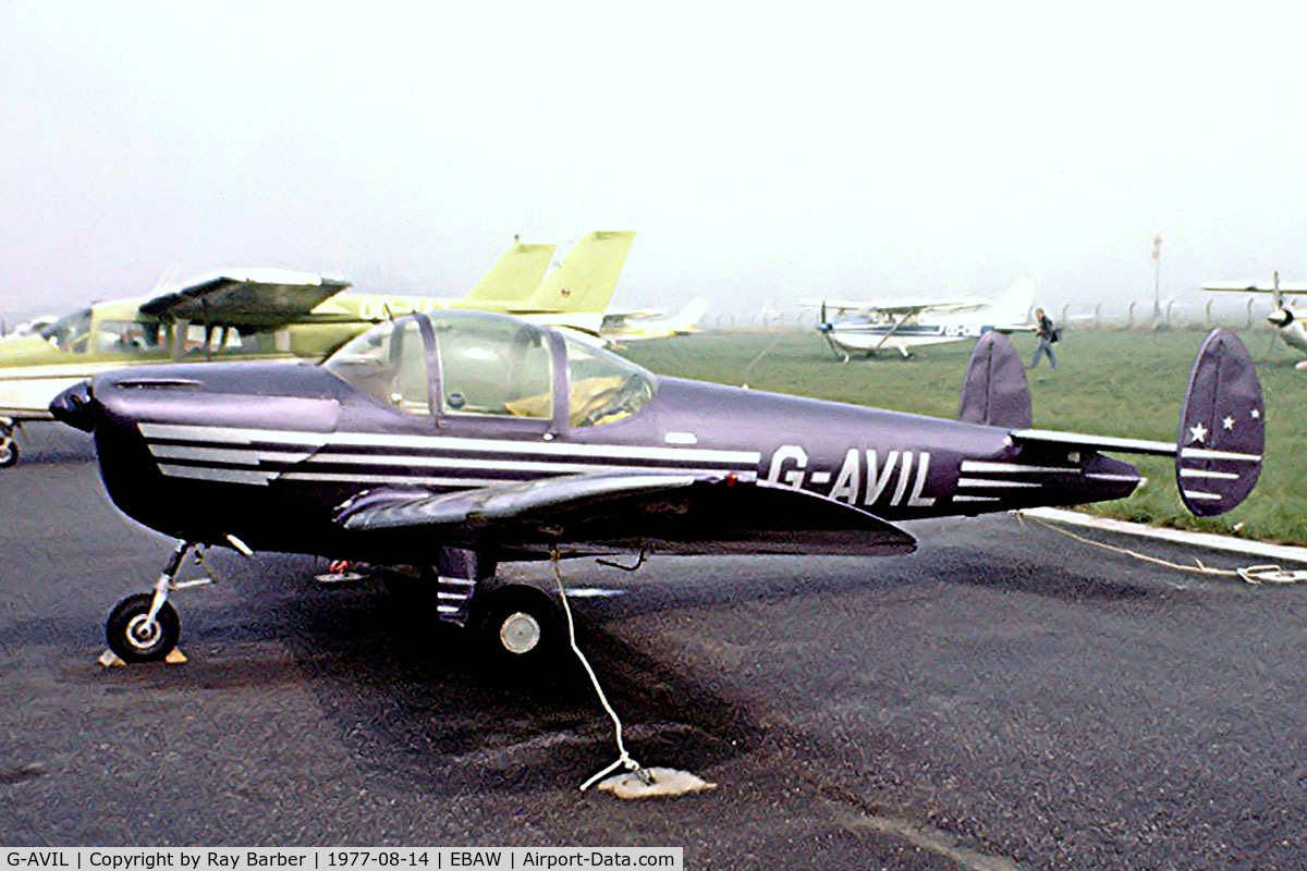 G-AVIL, 1965 Alon A-2 Aircoupe C/N A-5, Alon A-2 Aircoupe [A-5] Antwerp-Deurne~OO 14/08/1977. Image taken from a slide.