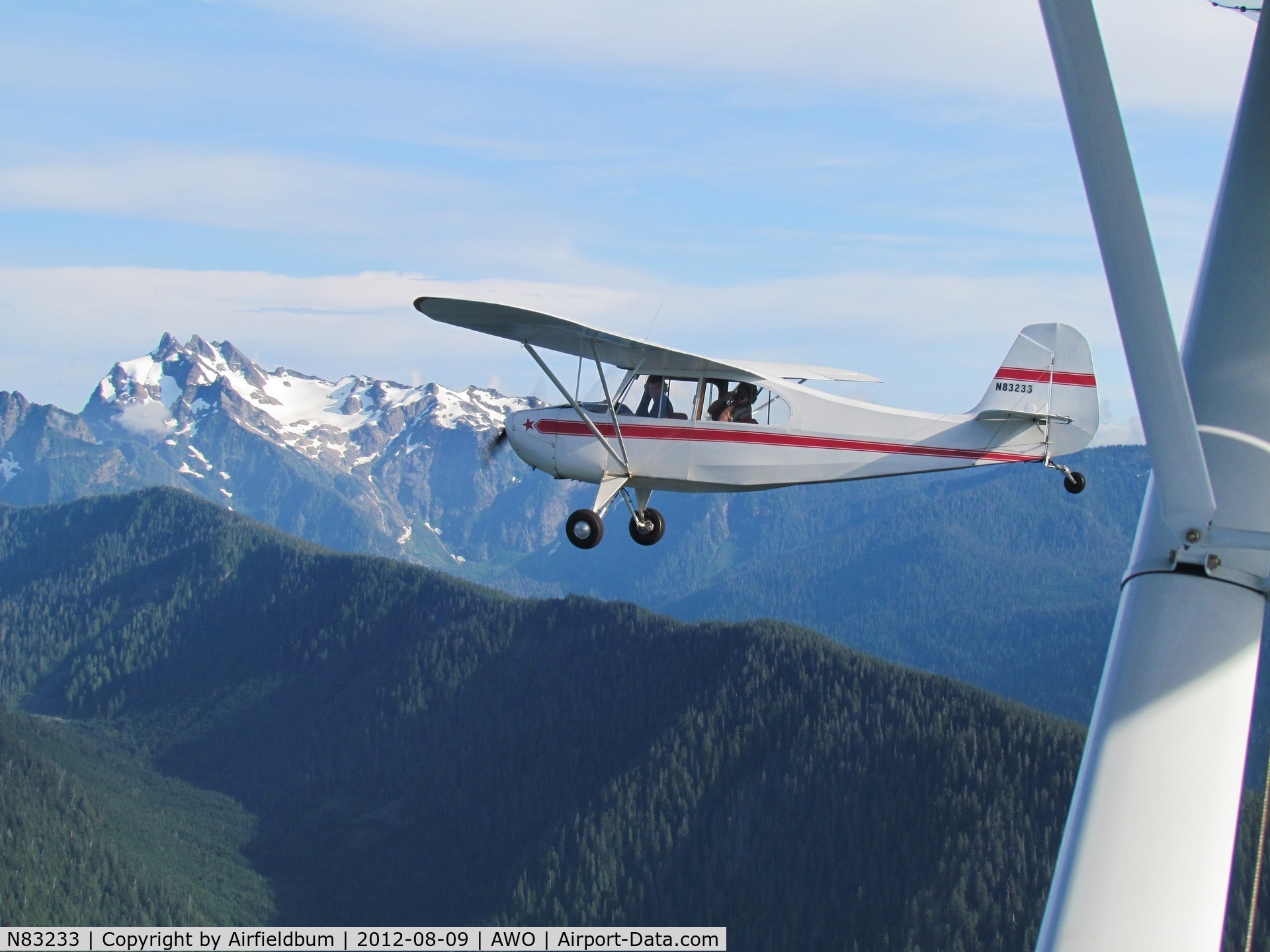 N83233, 1946 Champion 7AC C/N 7AC-1897, Eastbound 10 miles NE of KAWO with Mt Three Fingers in background.