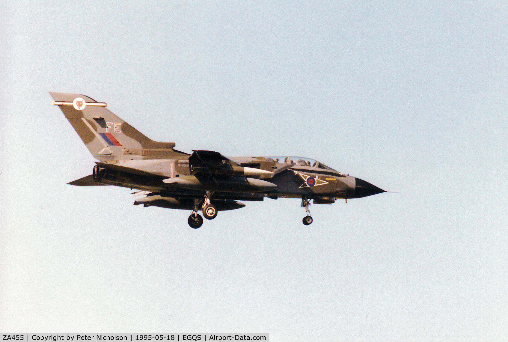 ZA455, 1983 Panavia Tornado GR.1B C/N BS085/254/3121, Tornado GR.1B of 12 Squadron landing on Runway 05 at RAF Lossiemouth in May 1995.
