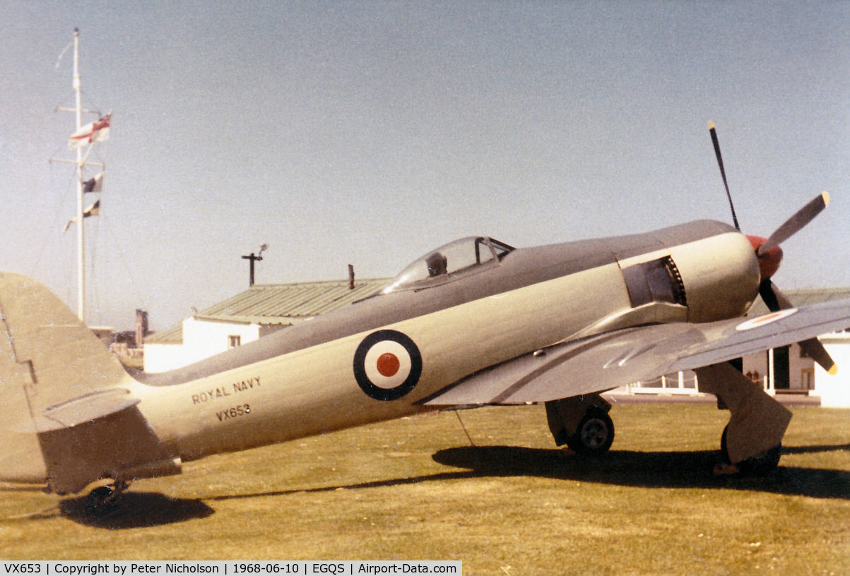 VX653, 1949 Hawker Sea Fury FB.11 C/N Not found G-BUCM/VX653, Sea Fury FB.11 gate guardian at RNAS Lossiemouth in the Summer of 1968.