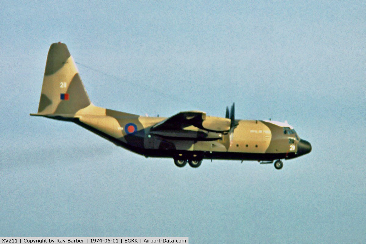 XV211, 1967 Lockheed C-130K Hercules C.1P C/N 382-4237, Lockheed C-130K Hercules C1 [4237] (RAF) London-Gatwick~G 01/07/1974. Not the best of images but shows colour scheme at that time. Image taken from a slide.