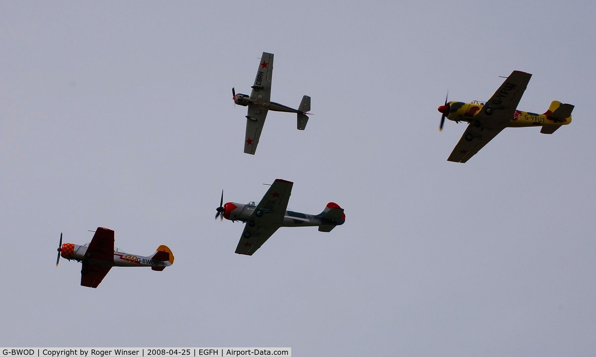 G-BWOD, 1983 Bacau Yak-52 C/N 833810, Resident Yak-52's during formation practice over Swansea Airport. G-BWOD re-registered G-STNR on 1st December 2010.