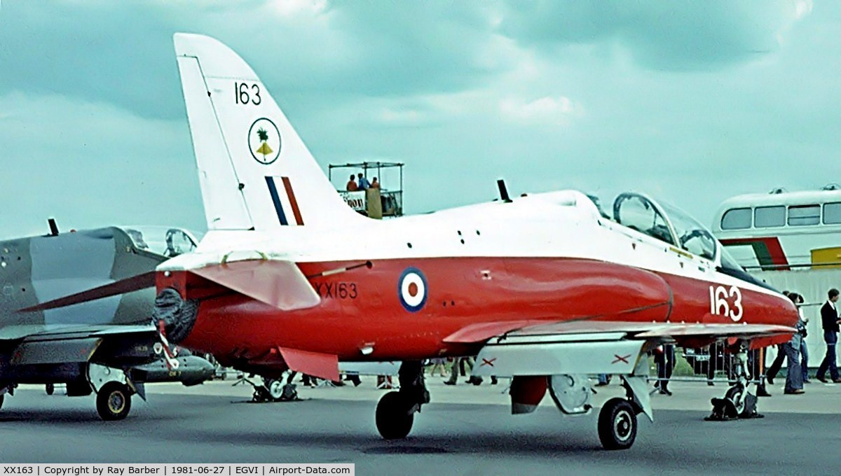 XX163, 1976 Hawker Siddeley Hawk T.1 C/N 010/312010, BAe Systems Hawk T.1 [312010] (RAF) RAF Greenham Common~G 27/06/1981. Image taken from a slide. Wriiten off RAF Valley 1993-07-01 . Now used as a instructional airframe with the Kuwait Air Force.