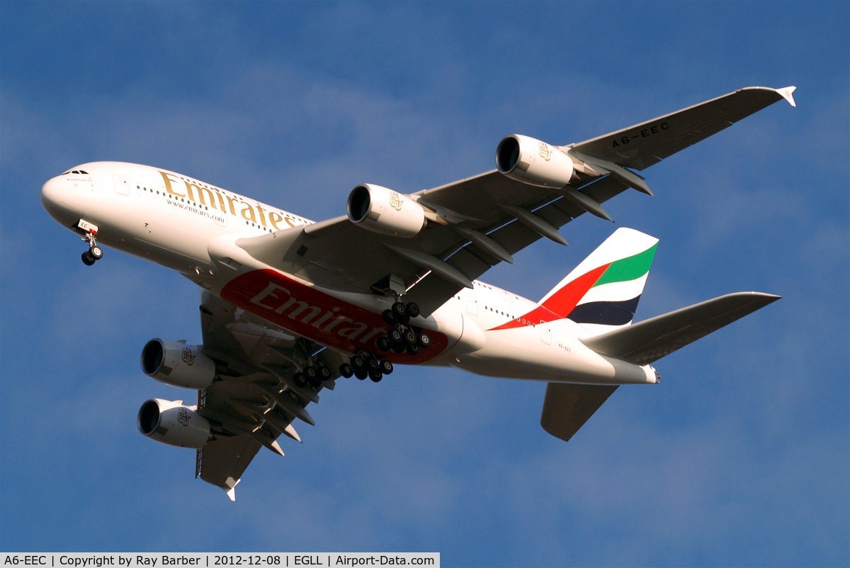 A6-EEC, 2012 Airbus A380-861 C/N 110, Airbus A380-861 [110] (Emirates Airlines) Home~G 08/12/2012. Taken on approach 27R.