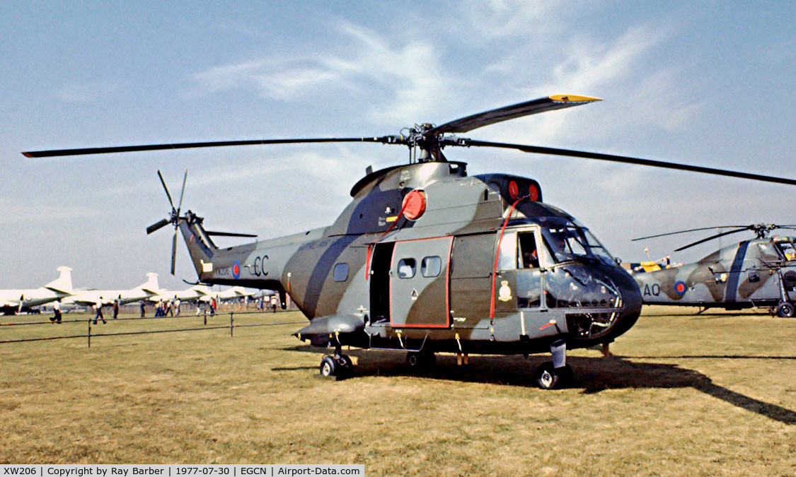 XW206, 1971 Westland Puma HC.1 C/N 1086, Aerospatiale SA.330 Puma HC.1 [1086] (RAF) RAF Finningley~G 30/07/1977. Coded *CC* . Image taken from a slide.