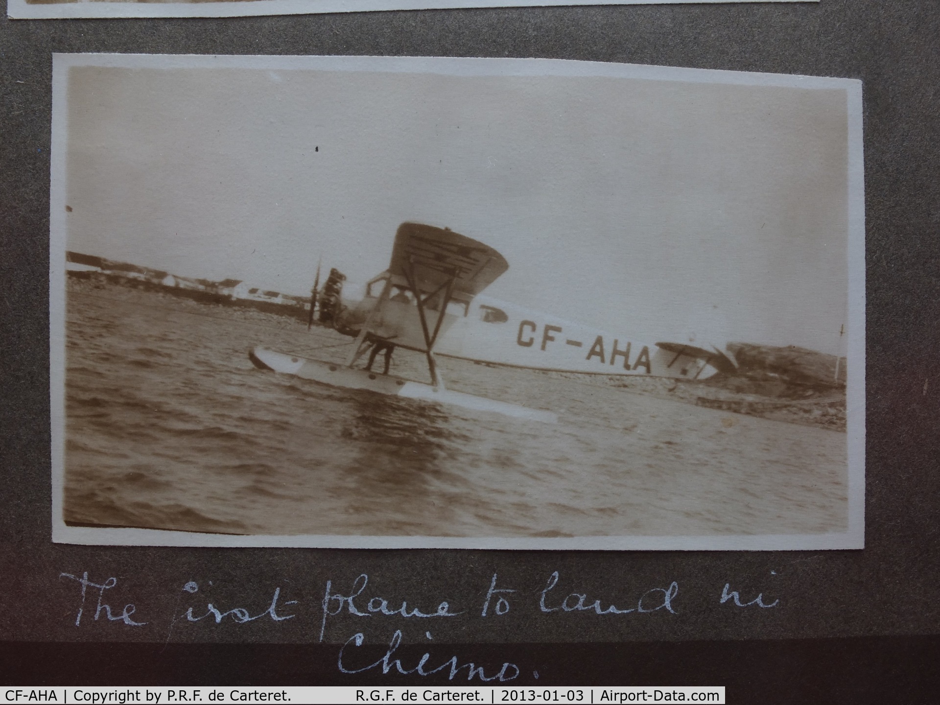 CF-AHA, Fairchild 71 C/N 677, Not your plane   but the same reg  Photo  by my father  1929/30 at Fort Chimo Ungava Bay    Was a fur trapper for RF then the HB   I have two other pics of float planes at Port Harrison  1931   I'm interested to know make . Best regards Rob de Caretert