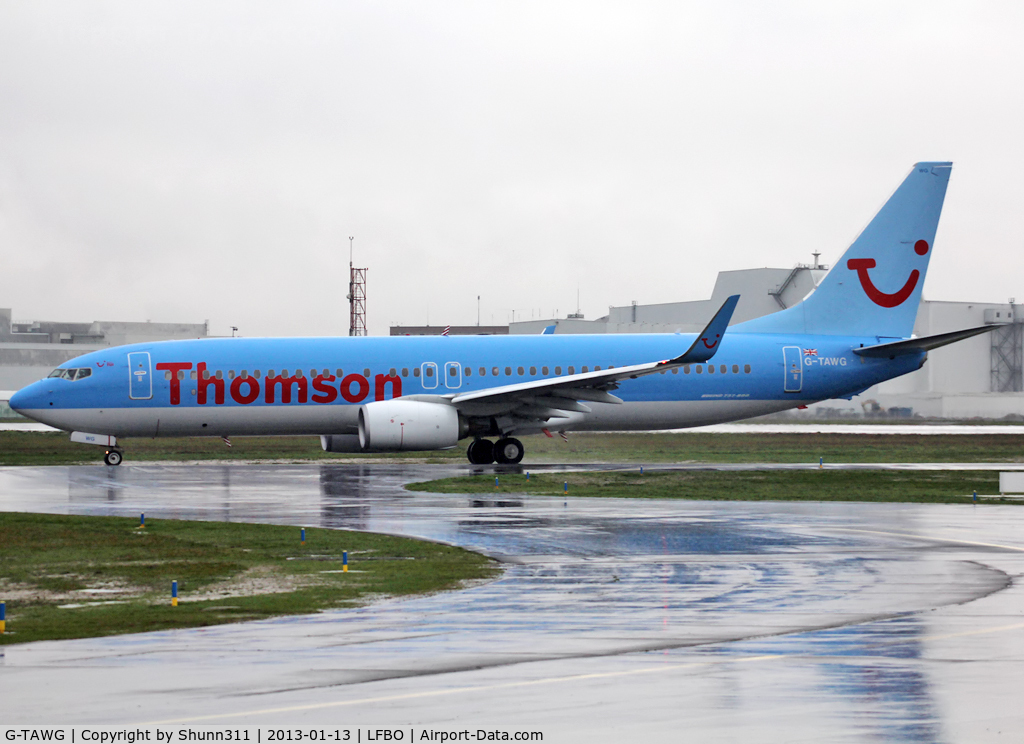 G-TAWG, 2012 Boeing 737-8K5 C/N 37266, Taxiing holding point rwy 32R for departure...