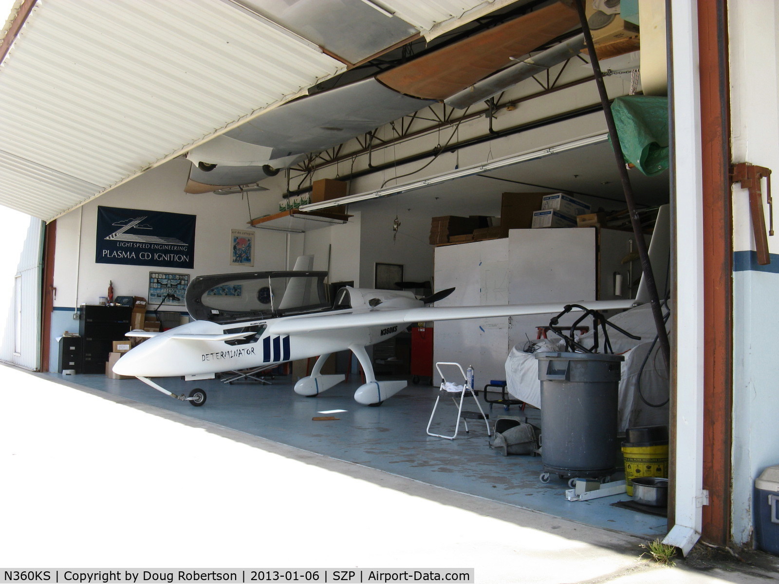 N360KS, Rutan Long-EZ C/N SEZ-1, Klaus Savier SAVIER EZ one-off canard pusher 'Determinator', Lycoming O-360 @250 Hp, special fuel-injection system, Plasma CDI ignition, oil cooler mods, in Klaus's Light Speed Engineering hangar. 8,000 customers worldwide!