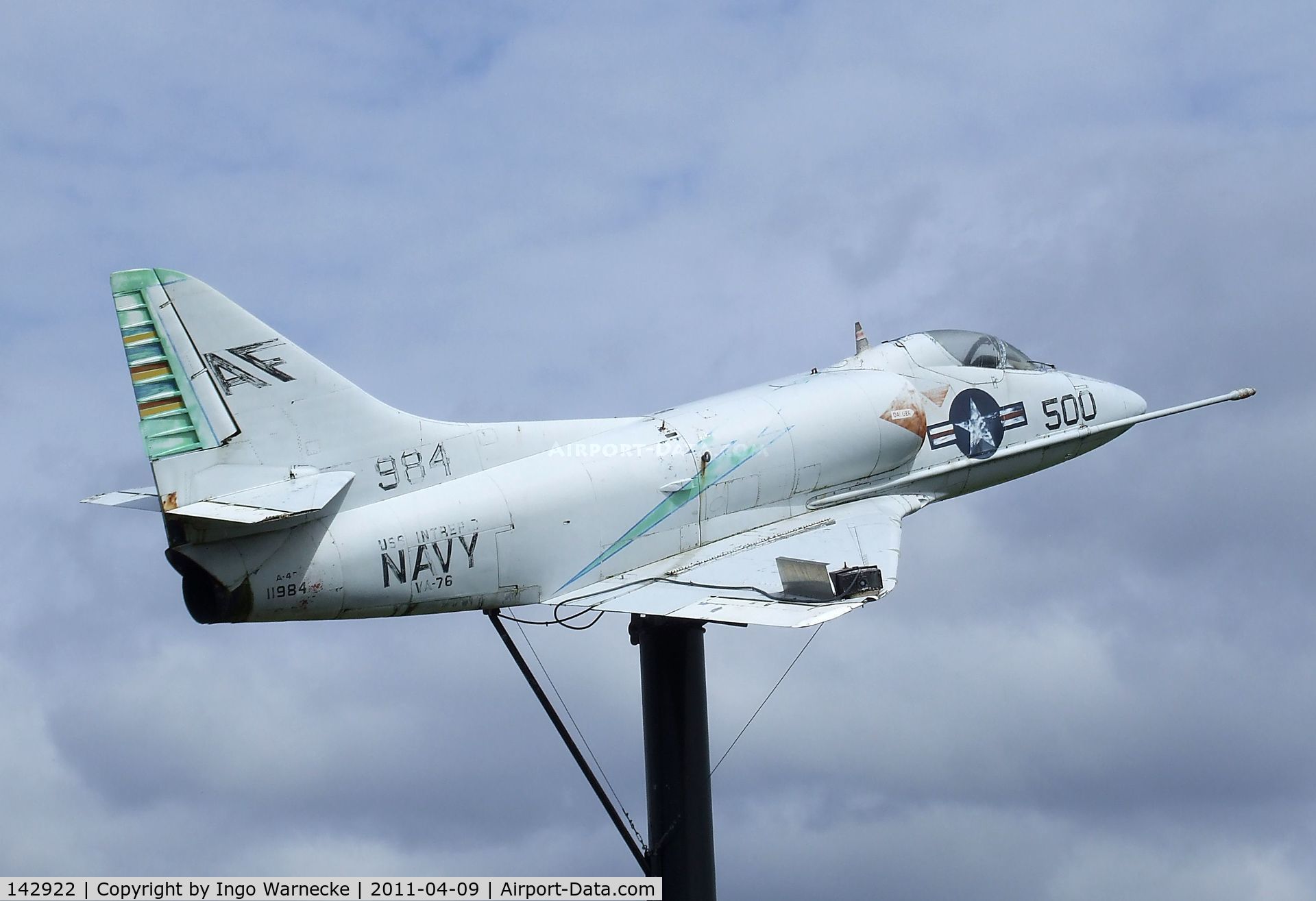 142922, Douglas A-4B Skyhawk C/N 11984, Douglas A-4B Skyhawk on a pole outside the Tillamook Air Museum, Tillamook OR