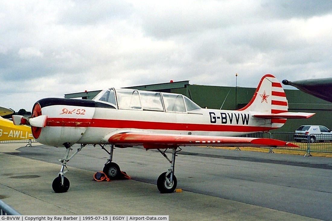 G-BVVW, 1984 Bacau Yak-52 C/N 844605, Yakovlev Yak-52 [844605] Yeovilton~G 15/07/1995