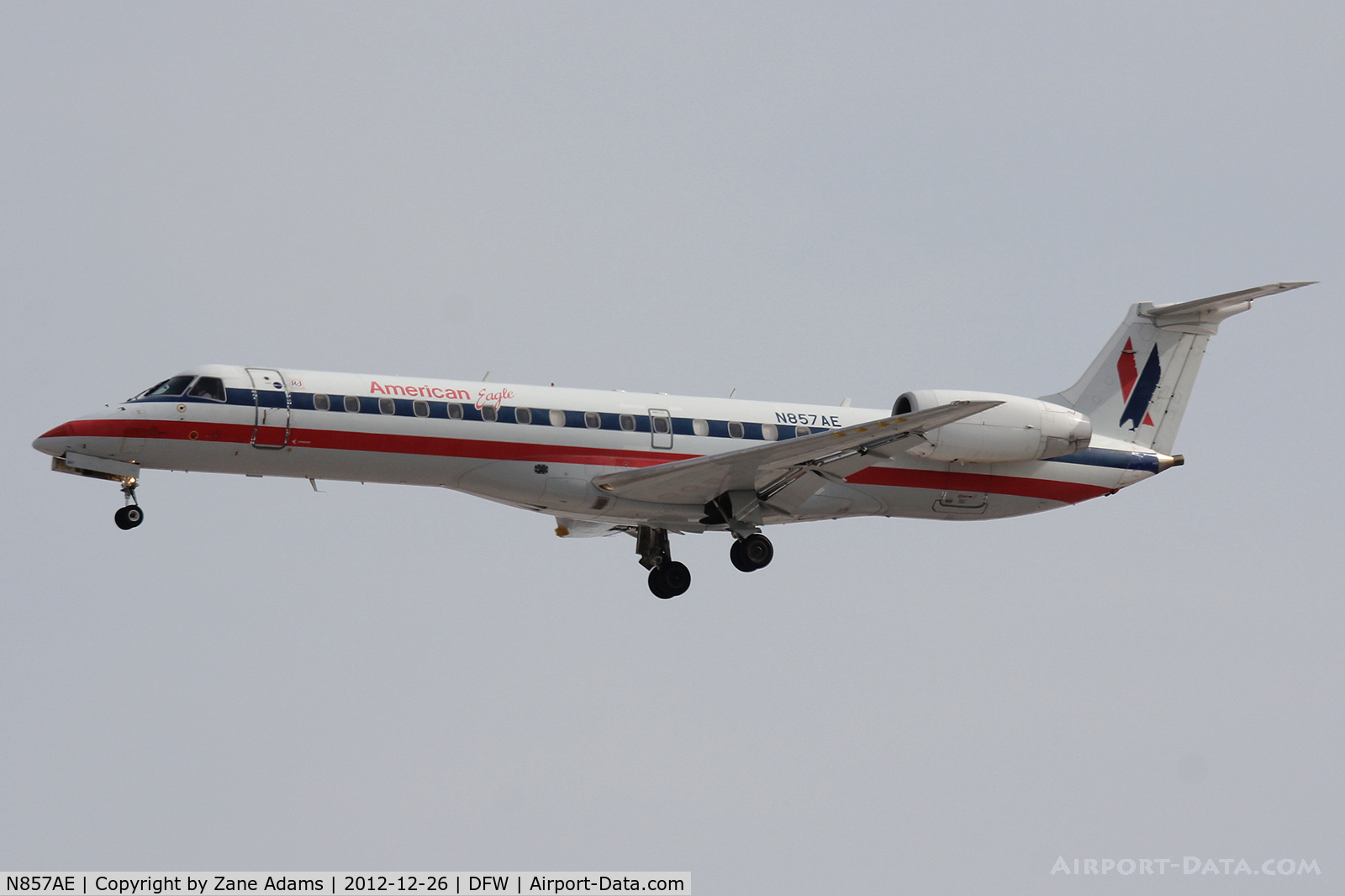 N857AE, 2003 Embraer ERJ-140LR (EMB-135KL) C/N 145752, American Eagle landing at DFW Airport.