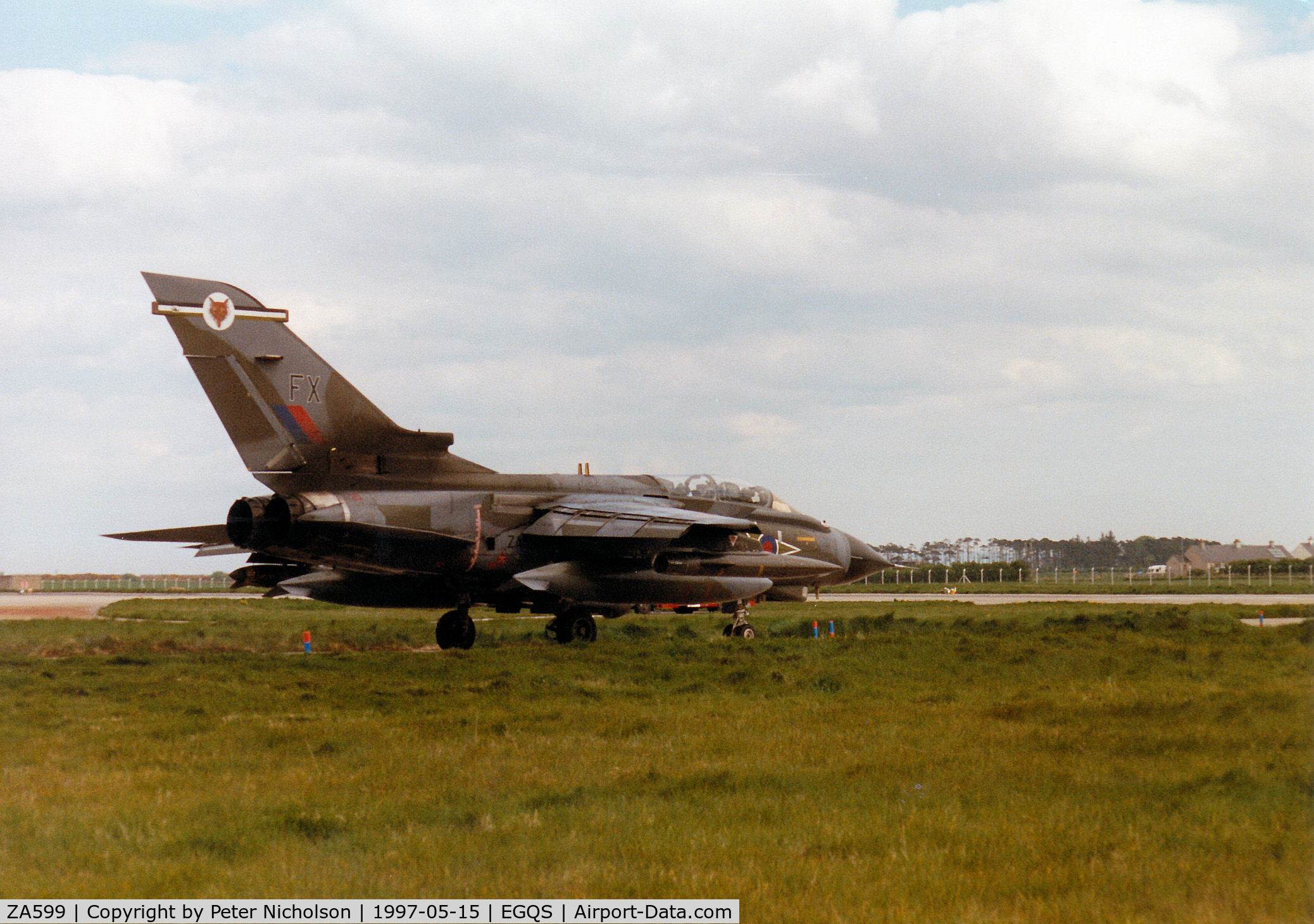 ZA599, 1982 Panavia Tornado GR.1 C/N 120/BT025/3063, Tornado GR.1 of 12 Squadron preparing to join Runway 05 at RAF Lossiemouth in the Summer of 1997.