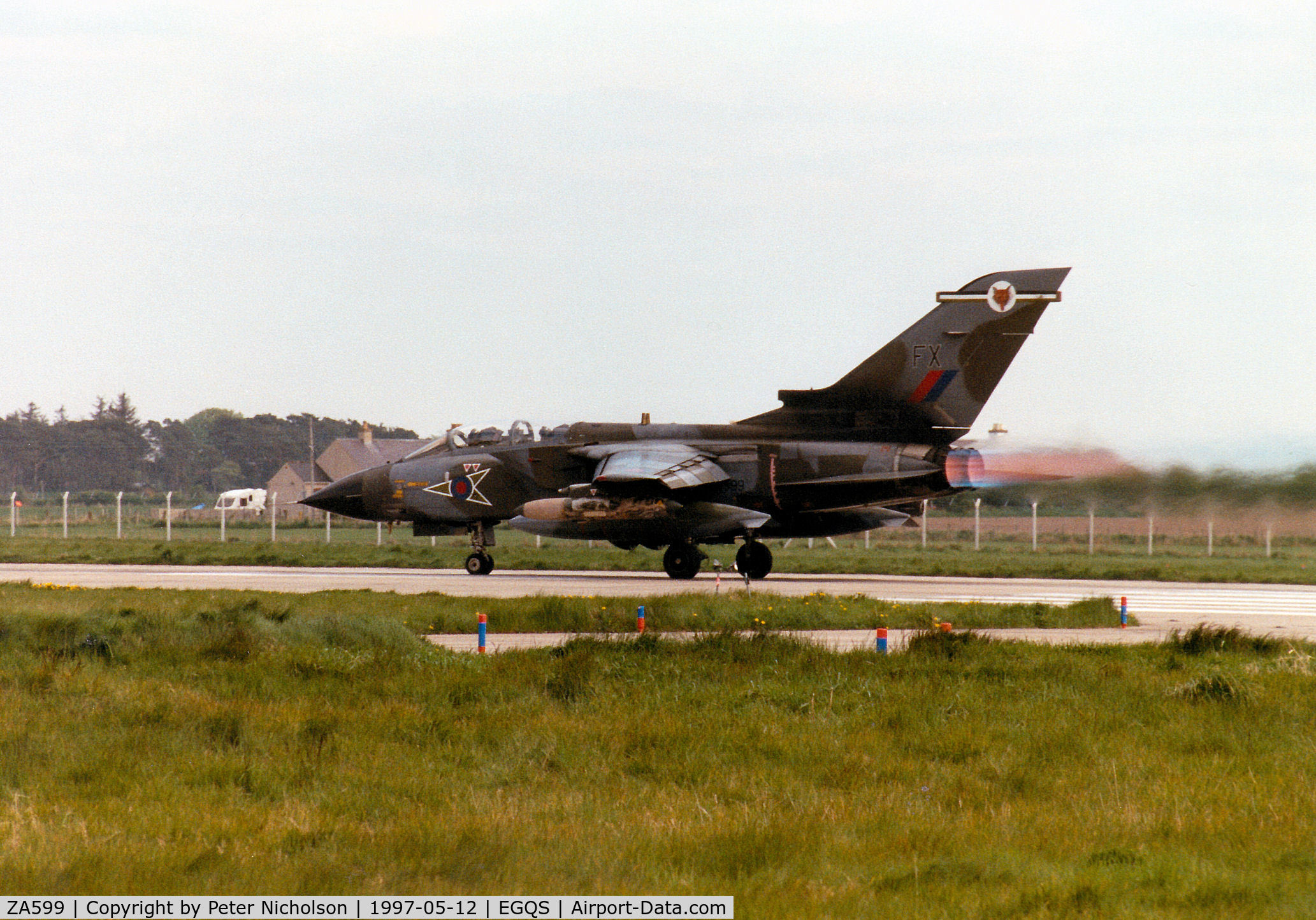 ZA599, 1982 Panavia Tornado GR.1 C/N 120/BT025/3063, Tornado GR.1 of 12 Squadron taking off from Runway 05 at RAF Lossiemouth in the Summer of 1997.