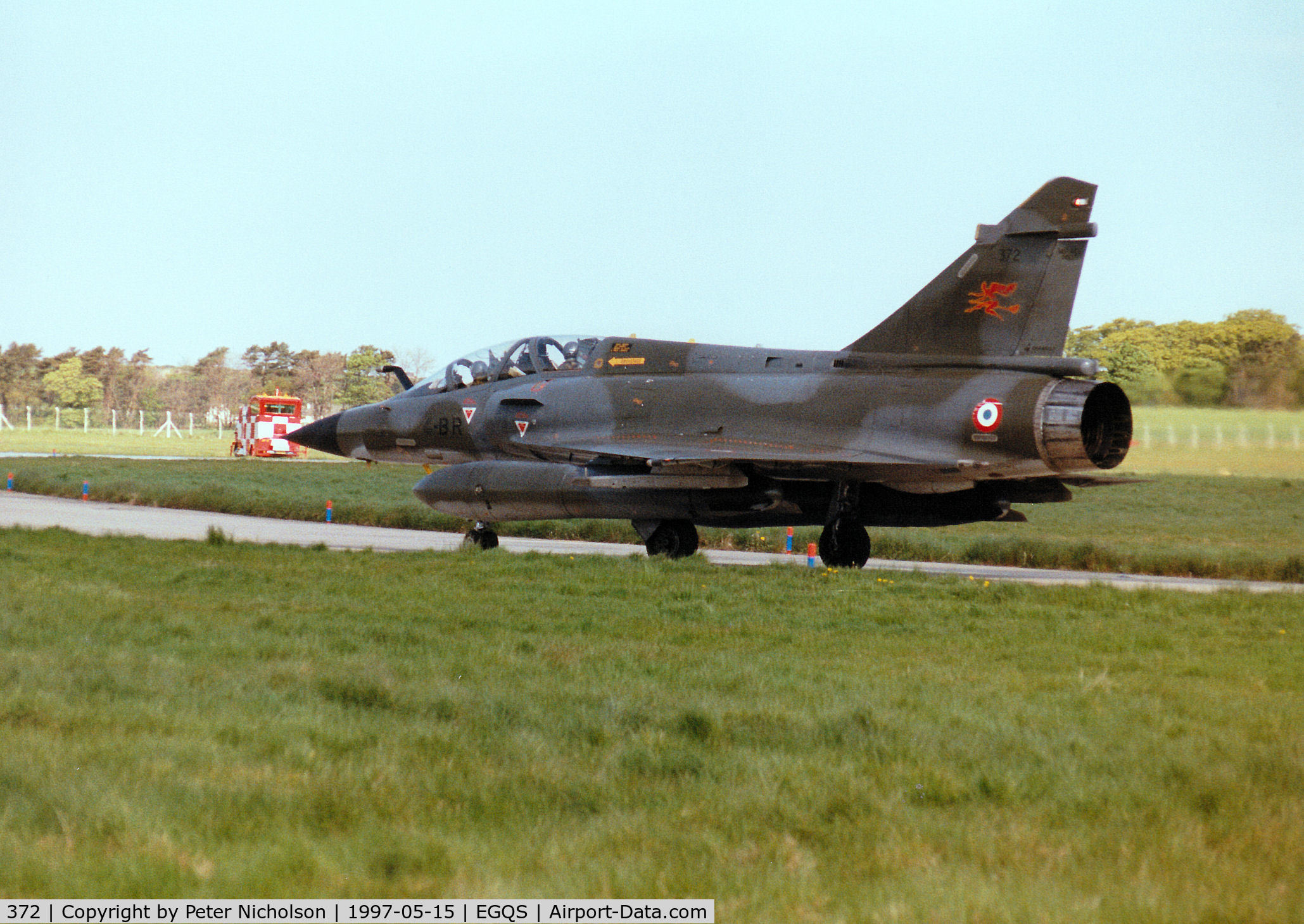 372, Dassault Mirage 2000N C/N 386, French Air Force Mirage 2000N of EC 02.004 taxying to Runway 05 at RAF Lossiemouth in the Summer of 1997.