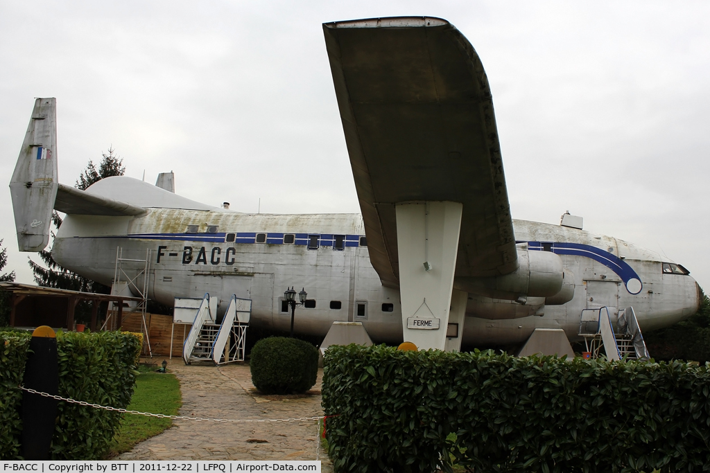 F-BACC, 1950 Breguet 763 Provence C/N 6, Now a restaurant, with fake registration in old Air France colours. Served in French Air Force as 82-PP/306 and Air France F-BASS