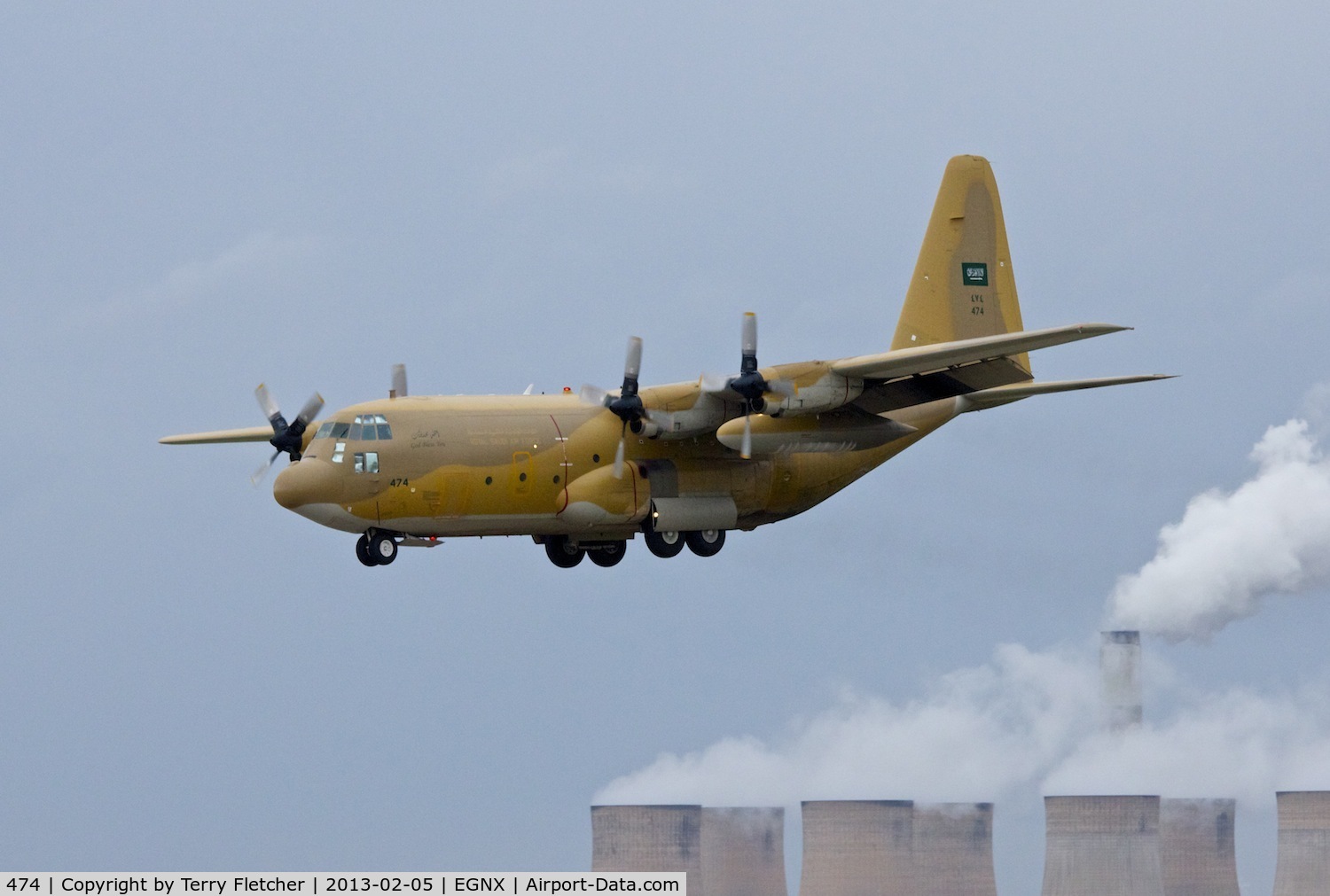 474, 1990 Lockheed C-130H Hercules C/N 382-5252, Royal Saudi Air Force Hercules arriving at East Midlands