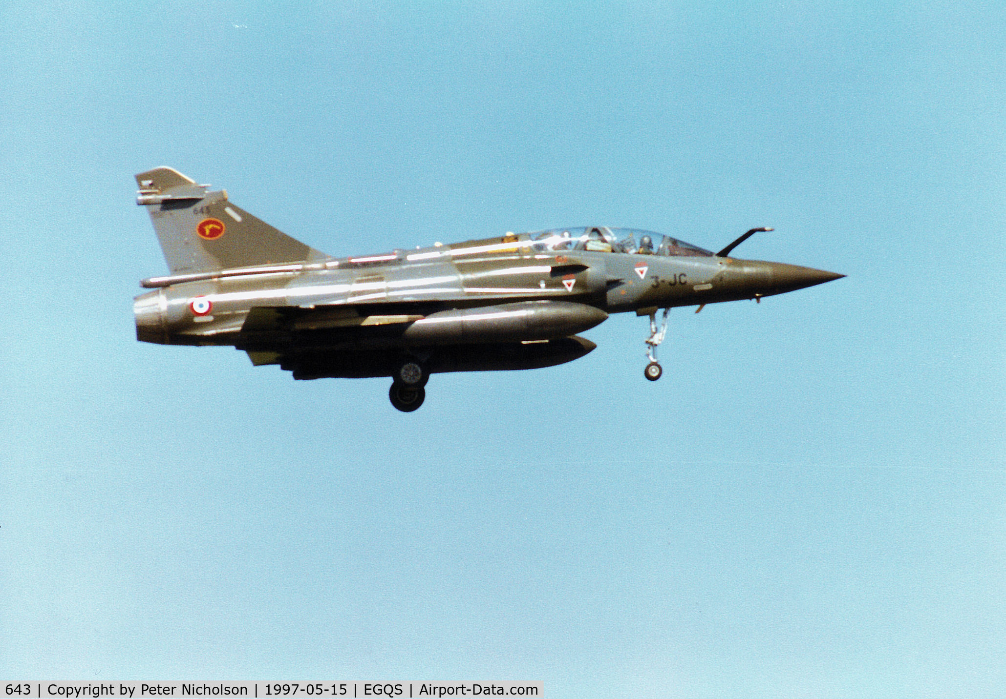 643, Dassault Mirage 2000D C/N 643, Mirage 2000D, callsign French Air Force 7320 Alpha, on final approach to Runway 05 at RAF Lossiemouth in May 1997.