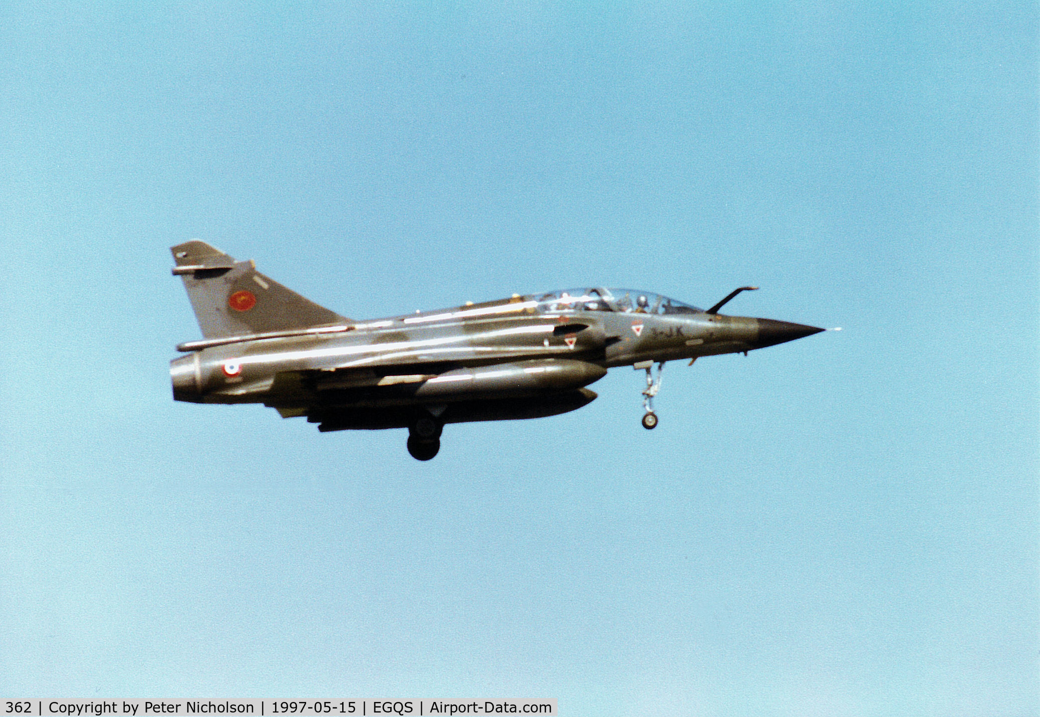 362, Dassault Mirage 2000N C/N 347, Mirage 2000N, callsign French Air Force 7231 Bravo, on finals for Runway 05 at RAF Lossiemouth in May 1997.