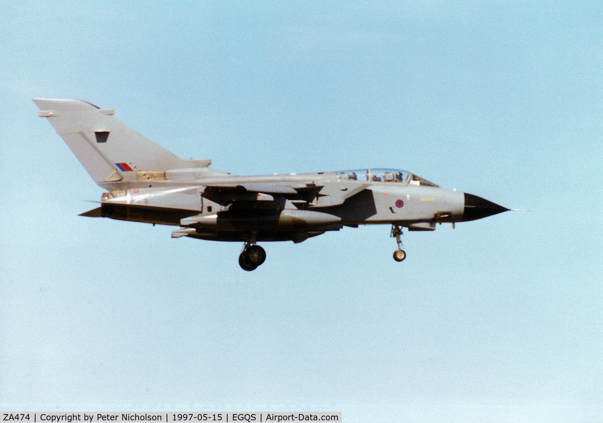 ZA474, 1983 Panavia Tornado GR.1B C/N 300/BS104/3140, Tornado GR.1B, callsign Jackal 1, of 12 Squadron on finals for Runway 05 at RAF Lossiemouth in May 1997.
