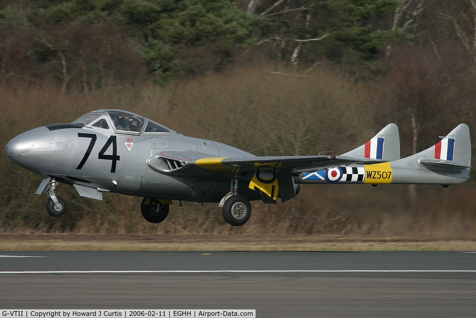 G-VTII, 1954 De Havilland DH-115 Vampire T.11 C/N 15127, Painted as WZ507; just about to land on runway 26.