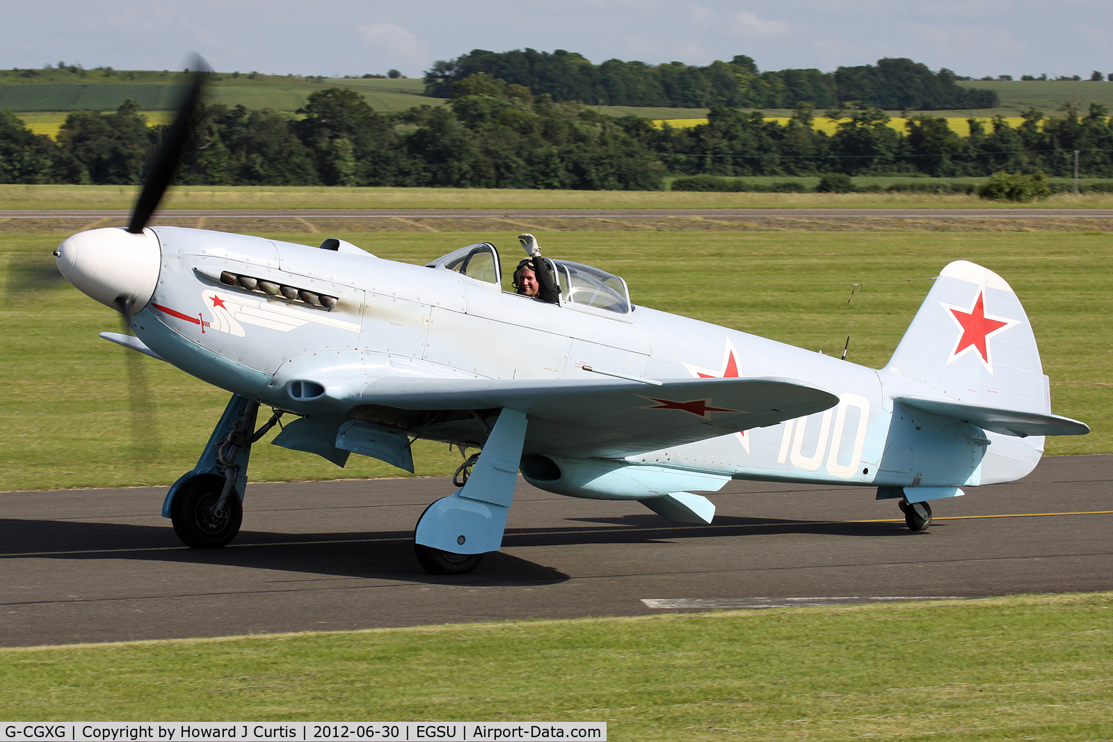 G-CGXG, 1994 Yakovlev Yak-3UA C/N 0470107, At Flying Legends 2012. Taxiing back after the last display.