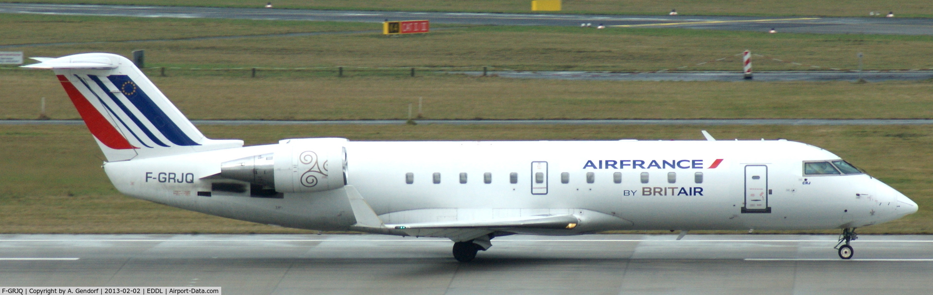 F-GRJQ, 1999 Canadair CRJ-100ER (CL-600-2B19) C/N 7321, Brit Air (Air France cs.), is speeding up on Runway 05R at Düsseldorf Int´l (EDDL)