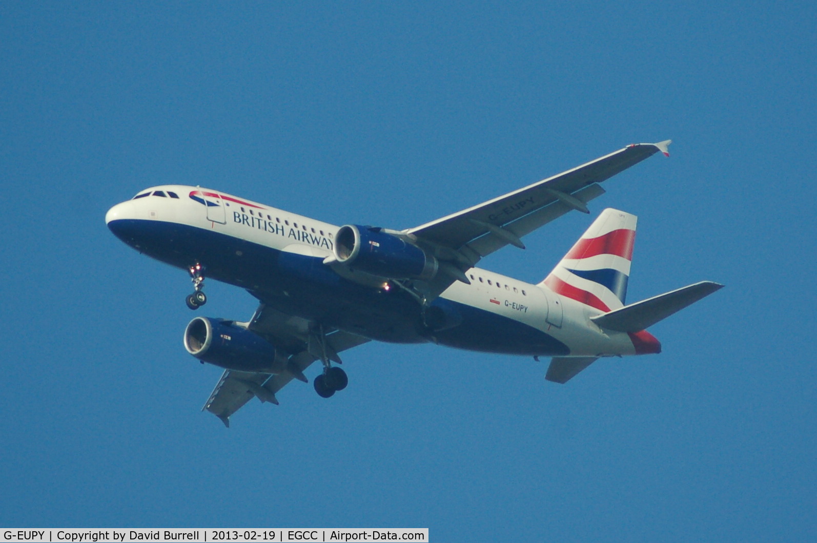 G-EUPY, 2001 Airbus A319-131 C/N 1466, British Airways Airbus A319-131 on approach to Manchester Airport