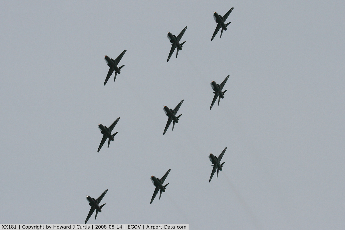 XX181, 1977 Hawker Siddeley Hawk T.1 C/N 028/312028, 9 black Hawk T1s of 4 FTS in formation. It's not just the Red Arrows who can do a formation of 9 Hawks!