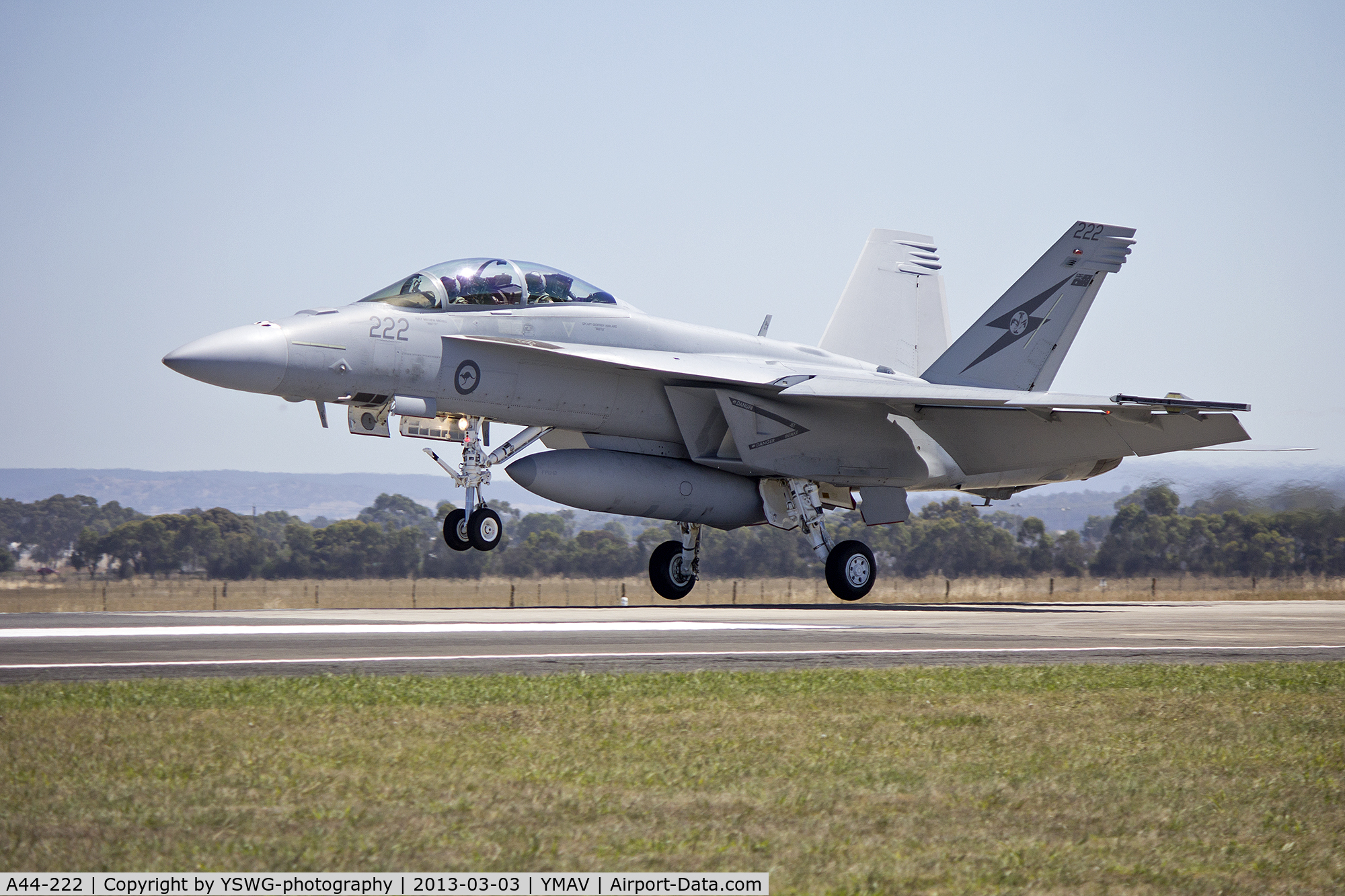 A44-222, 2011 Boeing F/A-18F Super Hornet C/N AF-22, RAAF F/A 18F Super Hornet landing after an air display during the 2013 Avalon Airshow.
