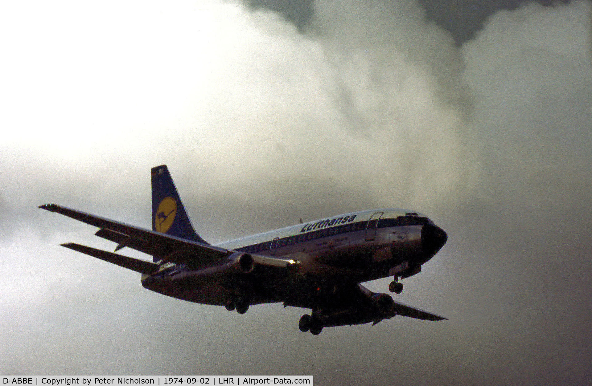 D-ABBE, 1969 Boeing 737-230C C/N 20253, Lufthansa Boeing 737-230C on finals to London Heathrow in September 1974.
