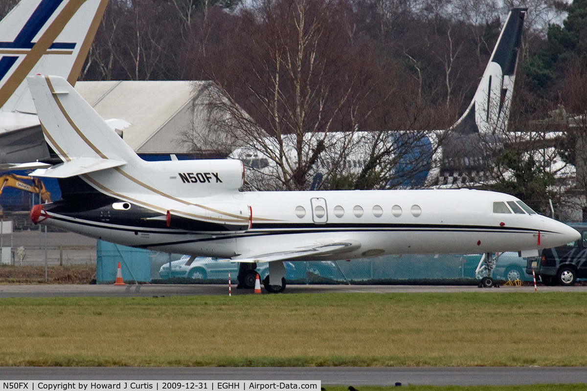 N50FX, 1987 Dassault Falcon 50 C/N 175, Corporate. Taken from the Bournemouth Aviation Museum's viewing bus.