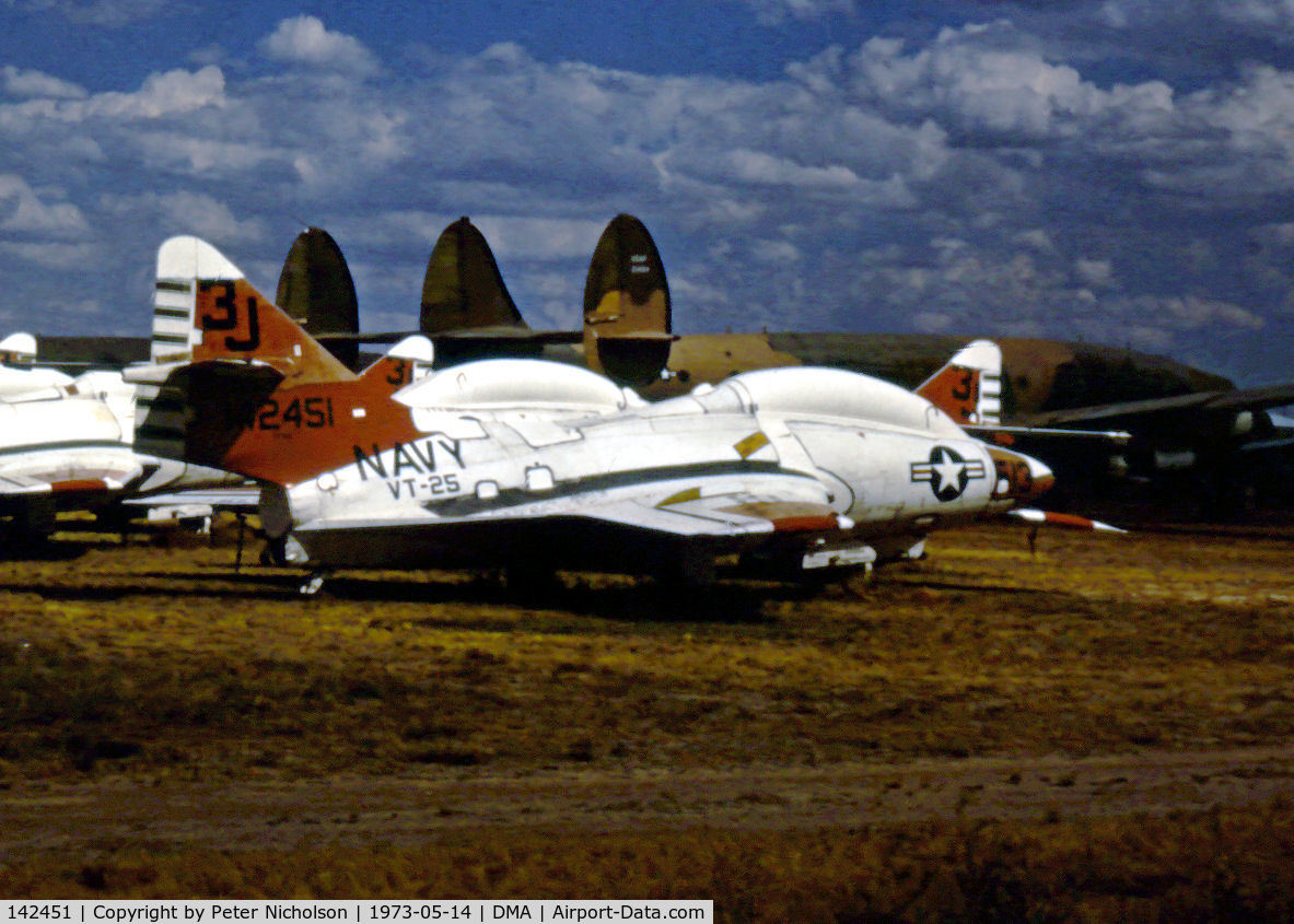 142451, Grumman TF-9J Cougar C/N 15, TF-9J Cougar of Training Squadron VT-25 in storage at what was then known as MASDC - Military Aircraft Storage & Disposition Centre - at Davis-Monthan AFB.
