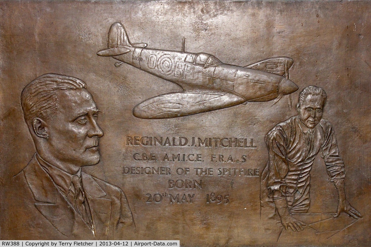 RW388, 1945 Supermarine 361 Spitfire LF.XVIe C/N CBAF.IX.4646, Plaque at Potteries Museum & Art Gallery , commemorating local born Spitfire designer, 
R.J.Mitchell  and RW388 a 1945 Supermarine 361 Spitfire LF.XVIe, c/n: CBAF.IX.4646 example of the type