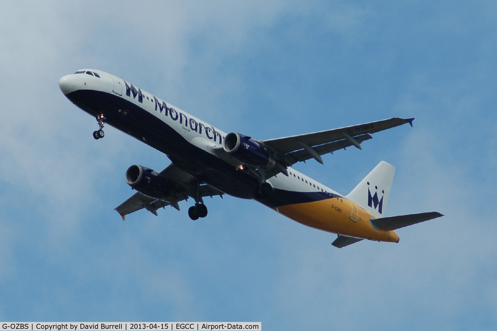 G-OZBS, 2001 Airbus A321-231 C/N 1428, Monarch Airbus A321-231 on approach to Manchester Airport.