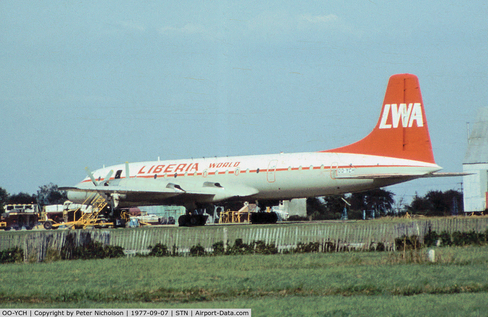 OO-YCH, 1959 Bristol Britannia C.1 (175 Britannia 253F) C/N 13399, Britannia 253 of Liberia World as seen at Stansted in the Summer of 1977.