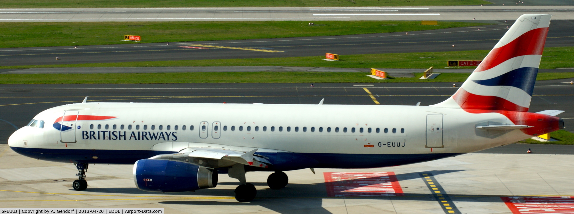 G-EUUJ, 2002 Airbus A320-232 C/N 1883, British Airways, is taxiing to RWY 05R at Düsseldorf Int´l (EDDL)