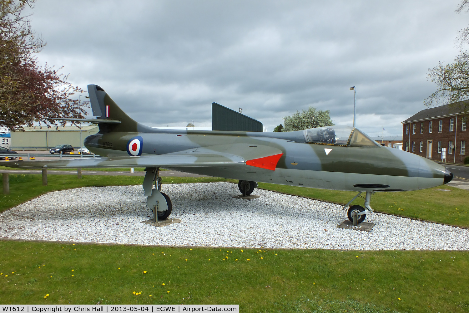 WT612, 1954 Hawker Hunter F.1 C/N 41H/665447, RAF Henlow gate guard, One of the original development aircraft it first flew in July 1954. From 1957 until 1984 it was used as a ground instructional airframe before moving to RAF Henlow. Restored at RAF Wittering in 2004 and moved back to Henlow