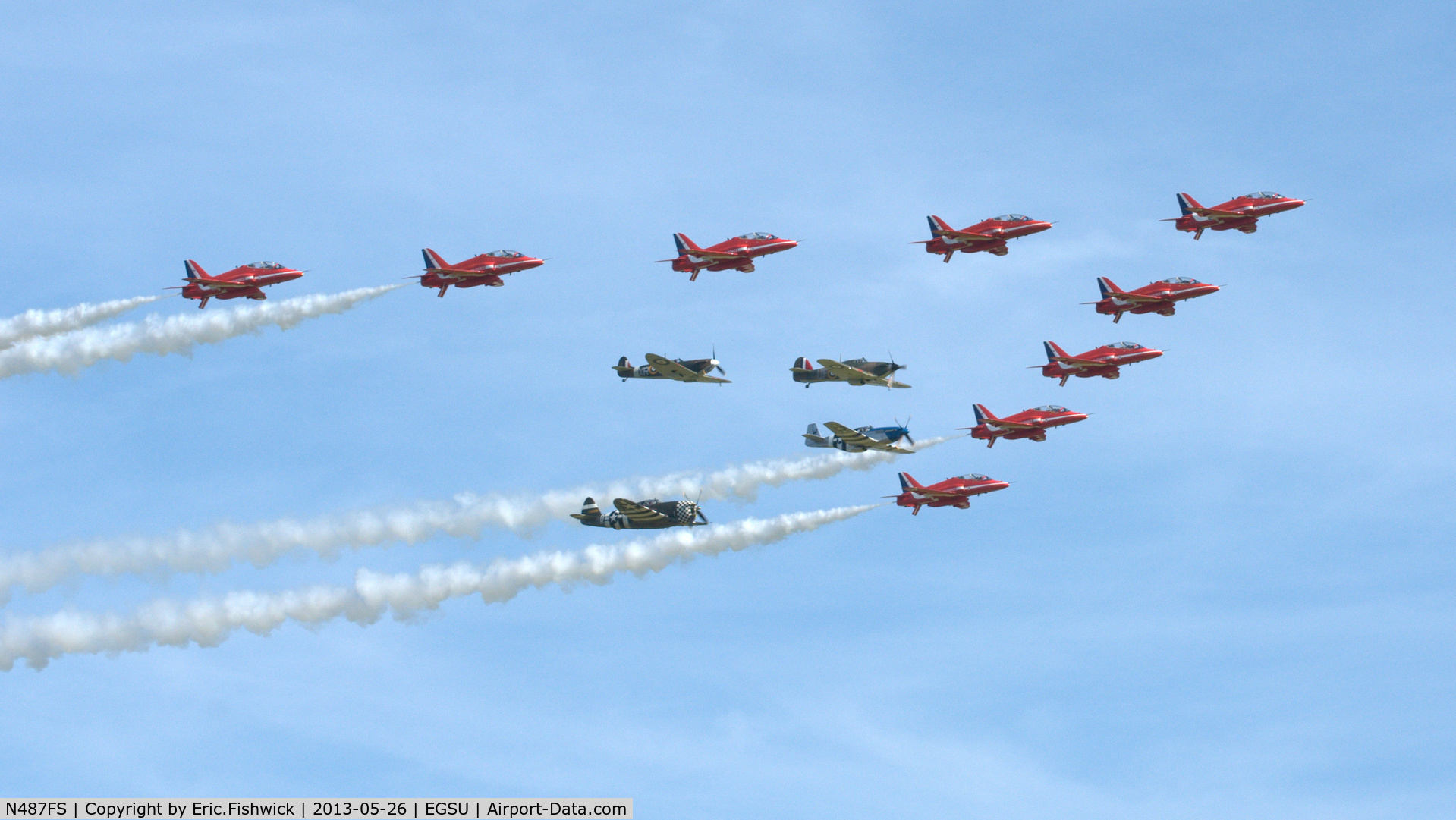 N487FS, 1943 North American P-51C Mustang C/N 103-26778, 45. 'Princess Elizabeth' and the other members of 'Eagle Squadron' with the Red Arrows at the IWM Spring Airshow, May 2013.