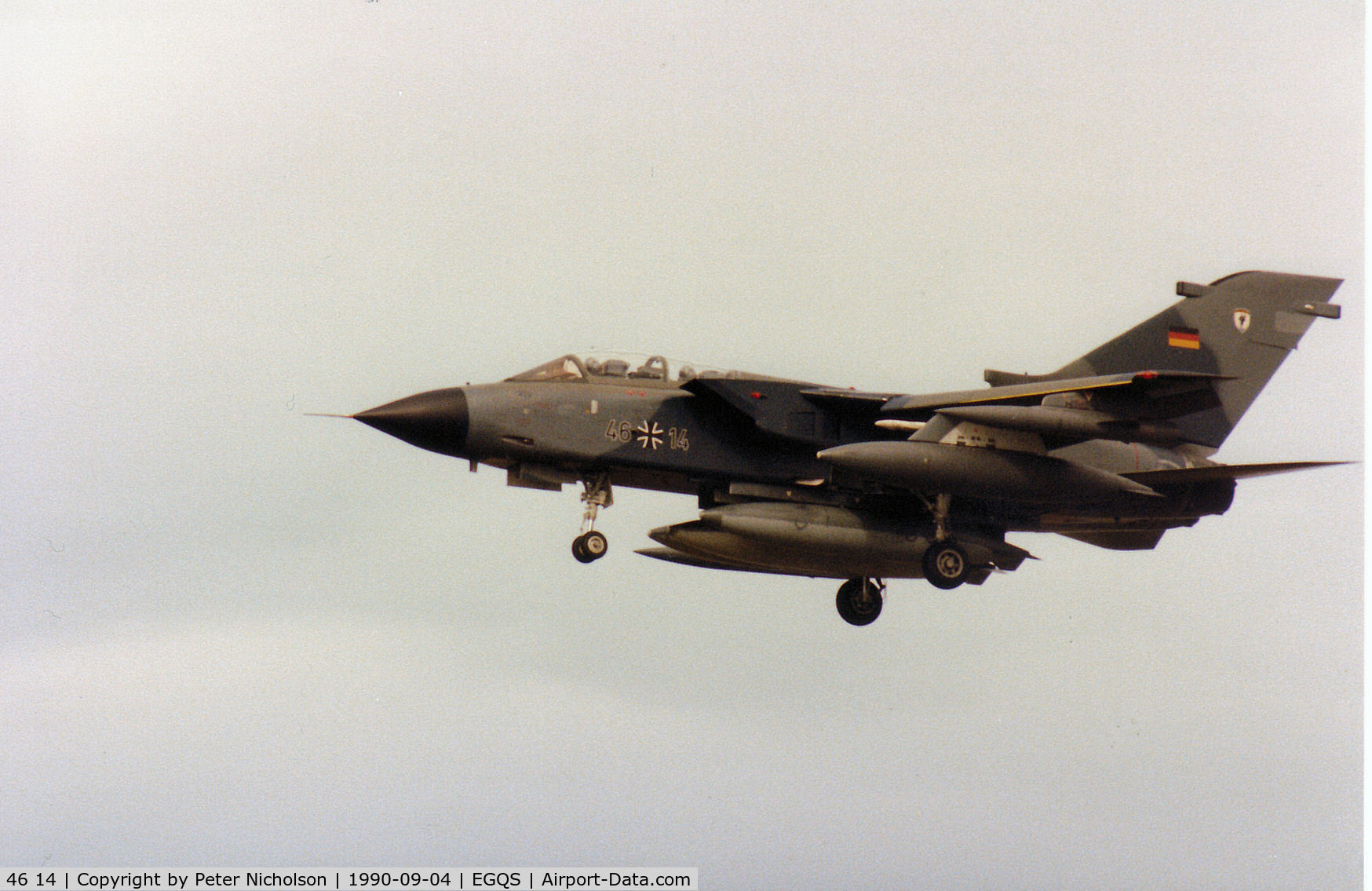 46 14, Panavia Tornado IDS C/N 776/GS247/4314, Tornado IDS of German Marineflieger MFG-1 on final approach to Runway 23 at RAF Lossiemouth in the Summer of 1990.