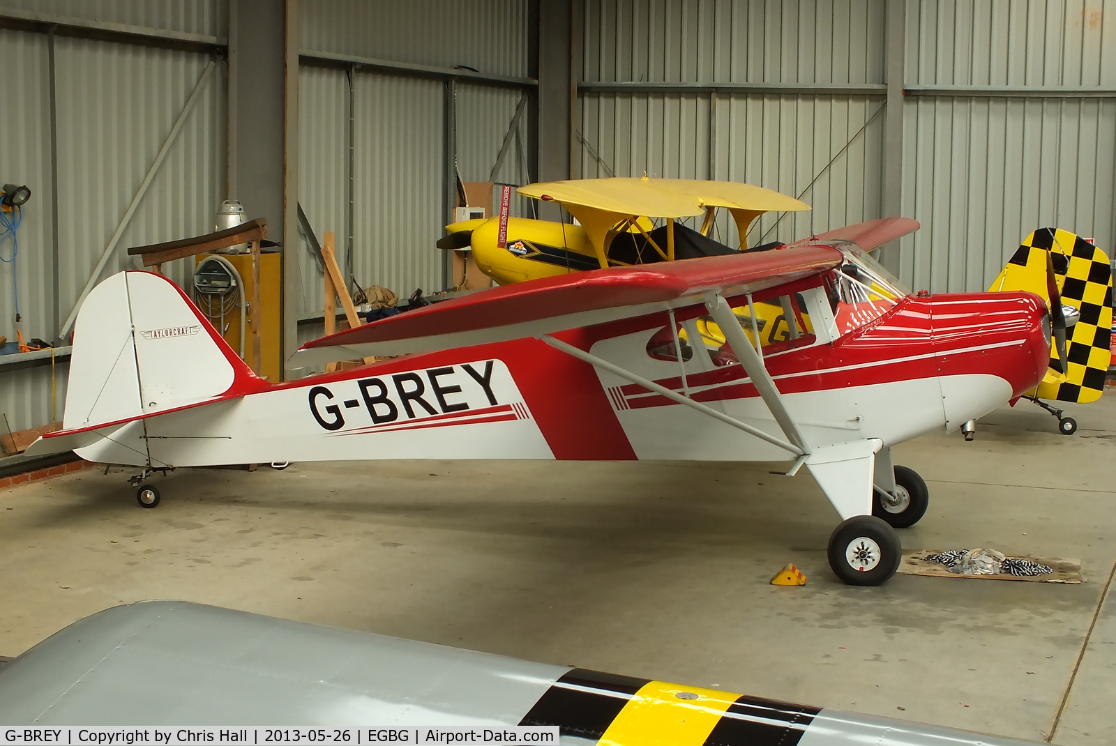 G-BREY, 1946 Taylorcraft BC-12D Twosome C/N 7299, hangared at Leicester