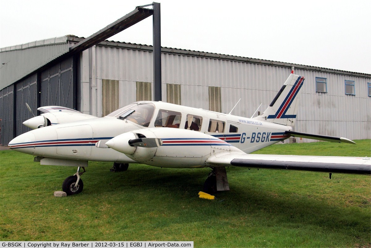 G-BSGK, 1978 Piper PA-34-200T Seneca II C/N 34-7870331, Piper PA-34-200T Seneca II [34-7870331] Staverton~G 15/03/2012. Seen here on uneven ground has since been cancelled by the CAA in December 2012.