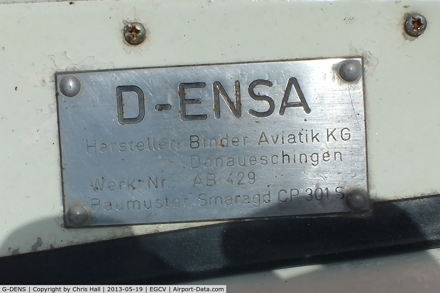 G-DENS, 1963 Binder CP-301S Smaragd C/N 121, The original manufactuers plate on G-DENS with its former German reg number D-ENSA