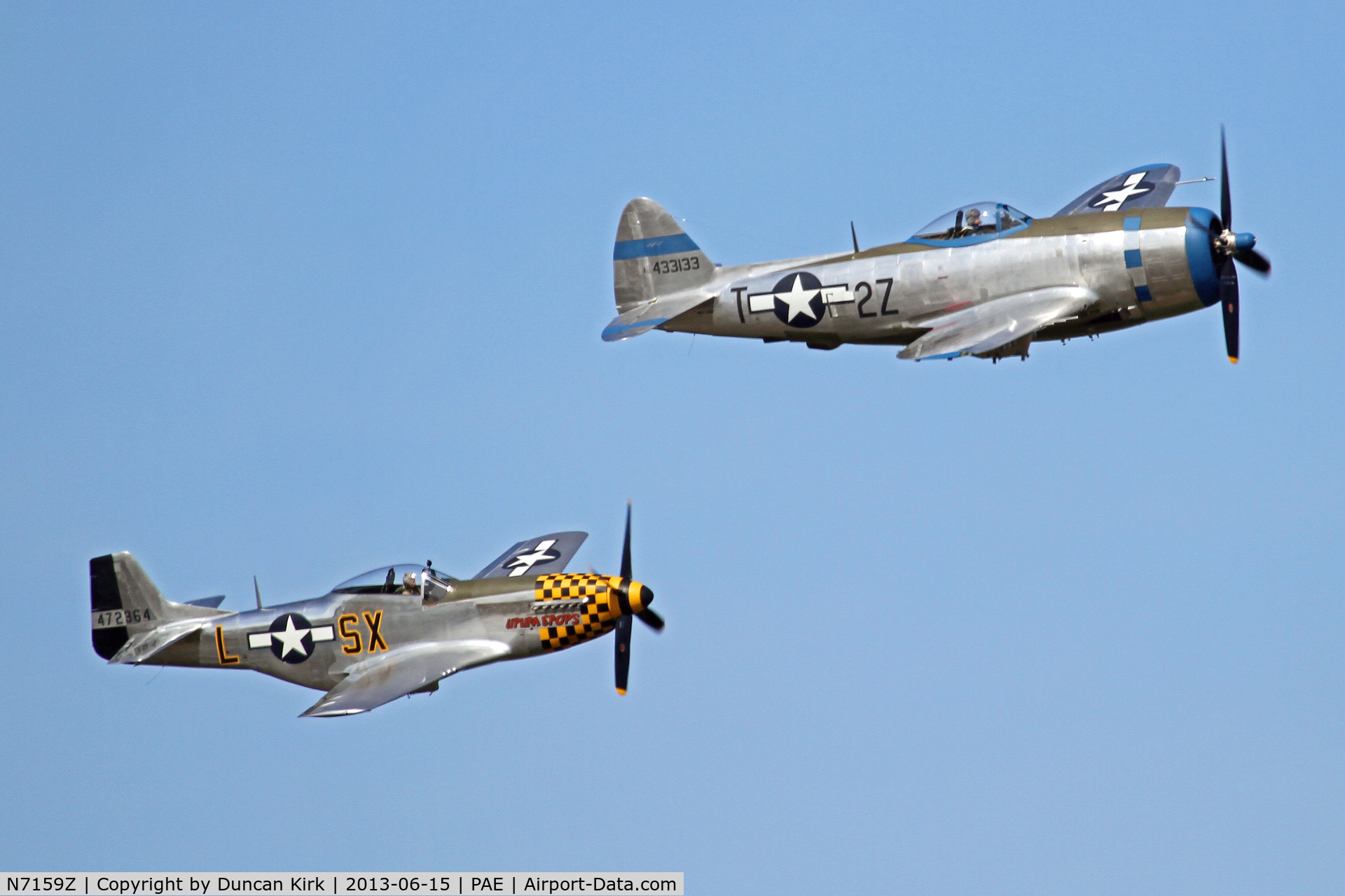 N7159Z, 1945 Republic P-47D Thunderbolt C/N 45-49406, Thunderbolt flying with P-51D NL723FH on a Flying Heritage fly day.