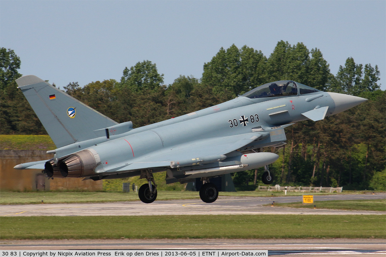 30 83, Eurofighter EF-2000 Typhoon S C/N GS063, JG-71 EF-2000 3083 seen here above the main at Wittmund AB